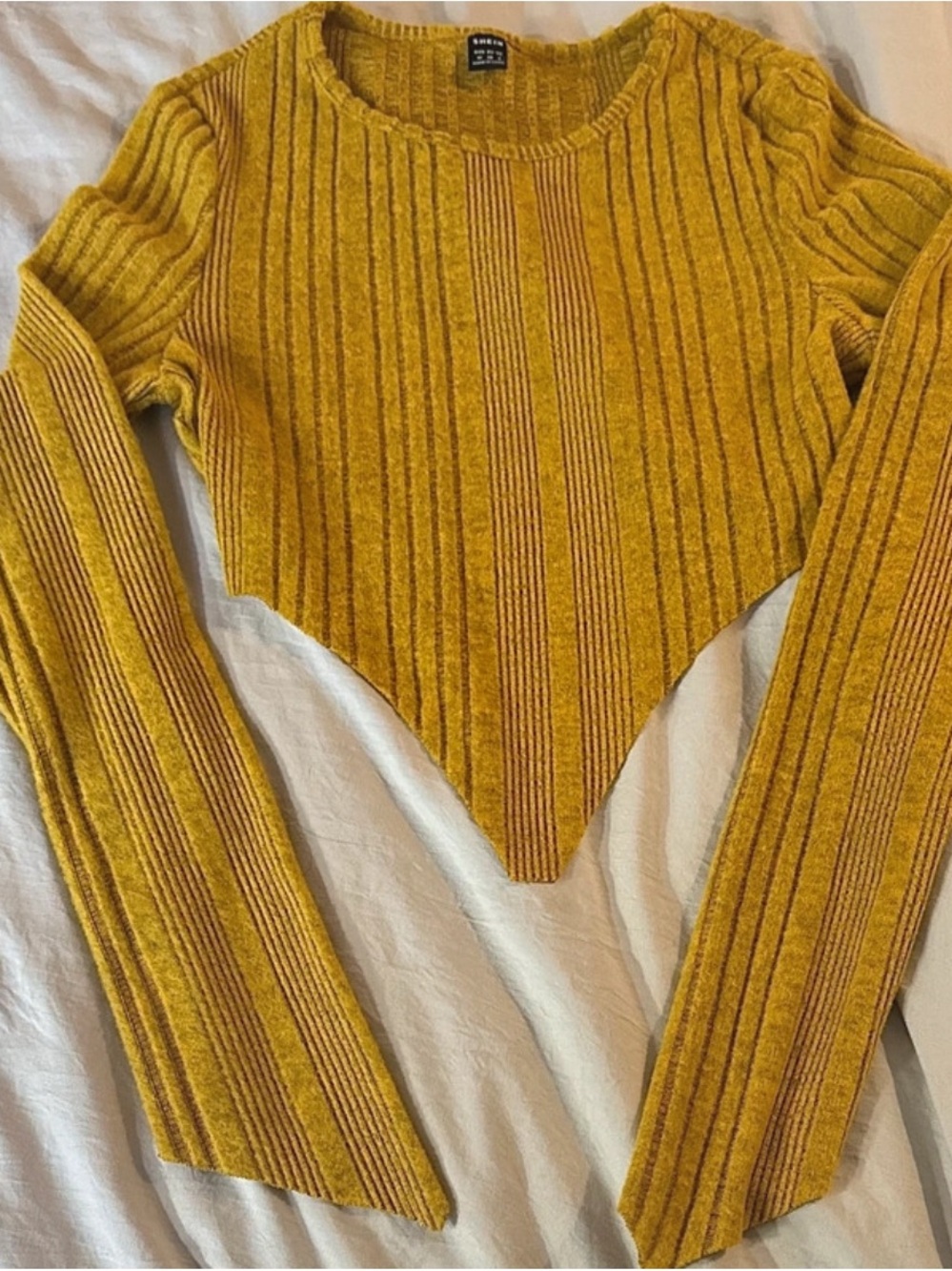 Mustard Ribbed Point-Hem Crew Neck Sweater